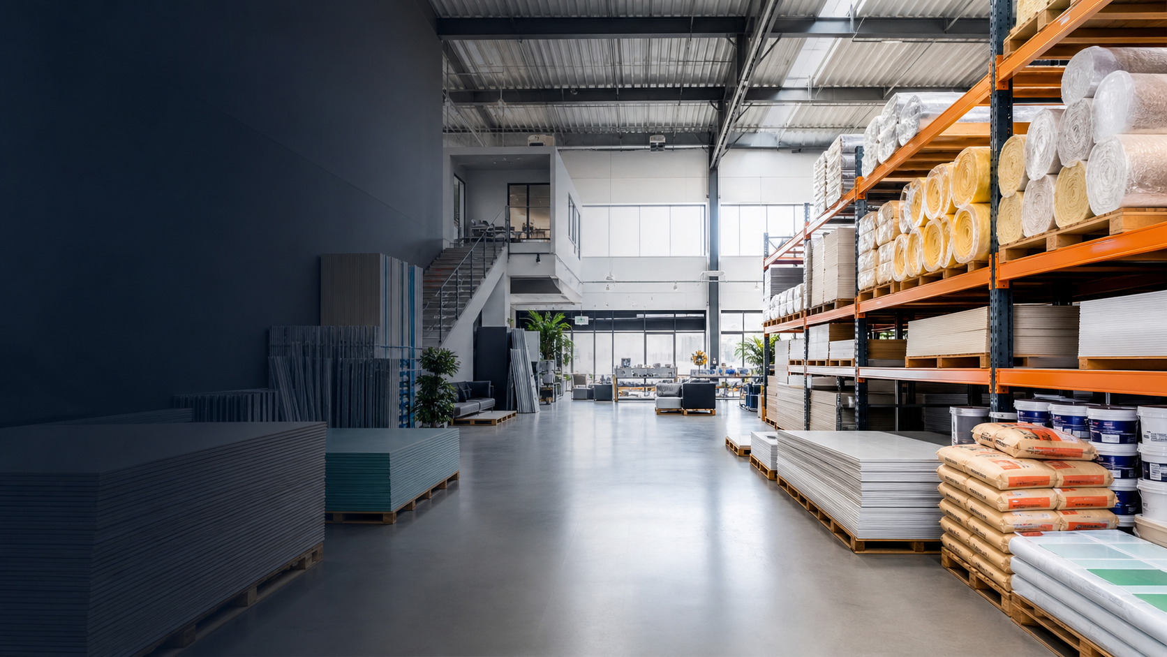 Modern yapı malzemeleri deposu ve showroom alanı